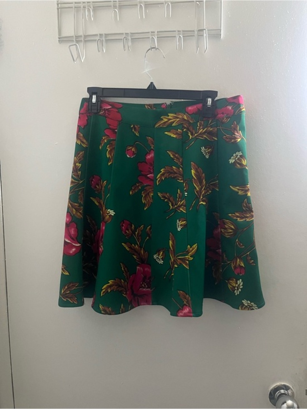 Maeve by Anthropologie Emerald Green Floral Skater Skirt with Pink Blooms
